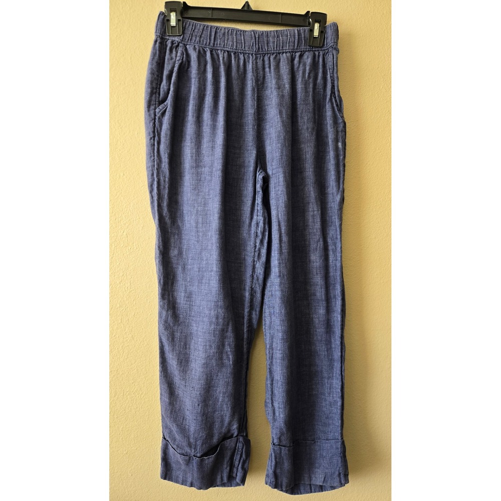 Sigrid Olsen‎ Blue 100% Linen Elastic Waist Cuffed Crop Pants Womens Small